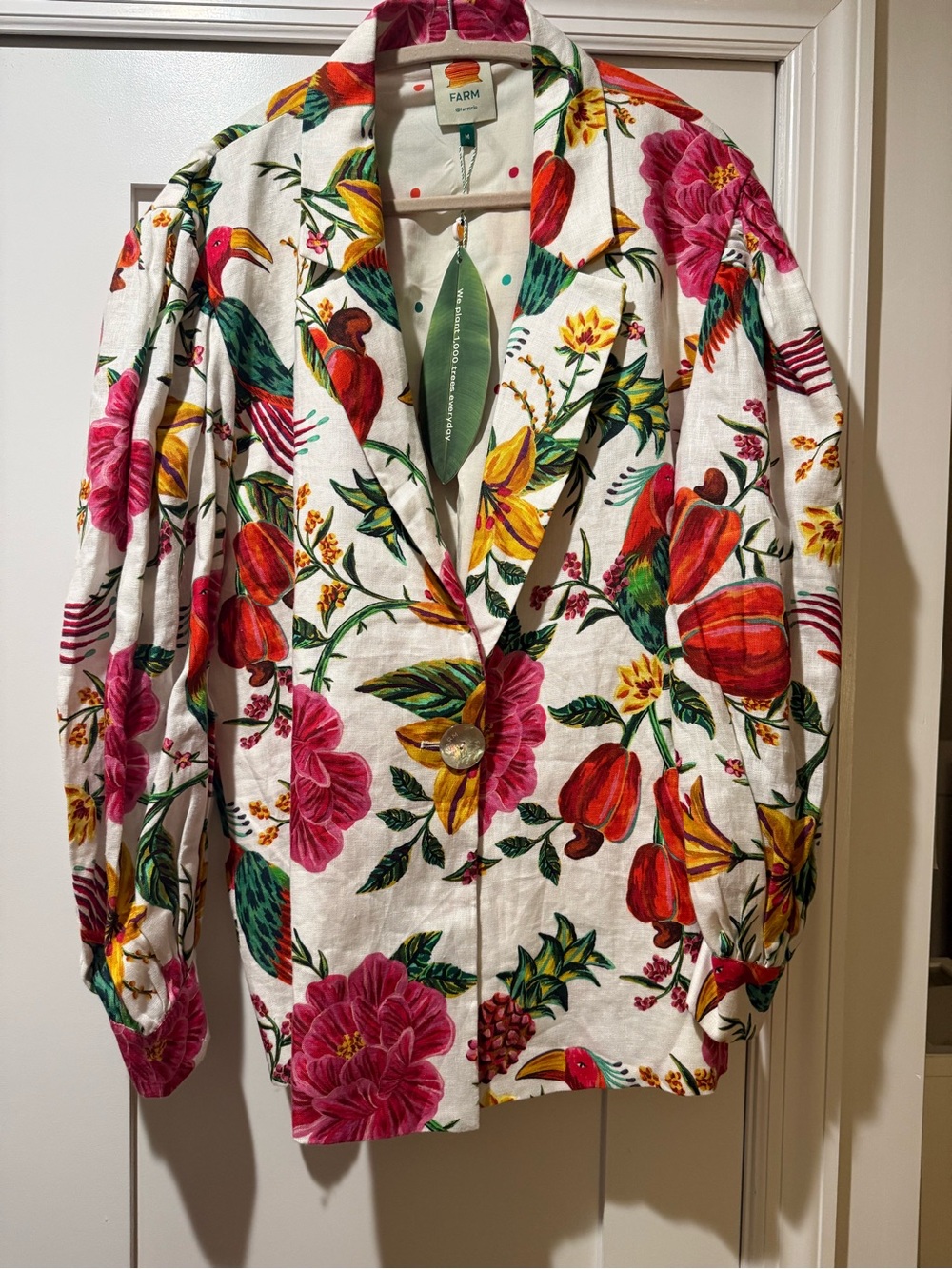 FARM Rio White Linen Blazer with Pink, Red, Yellow & Green Tropical Print